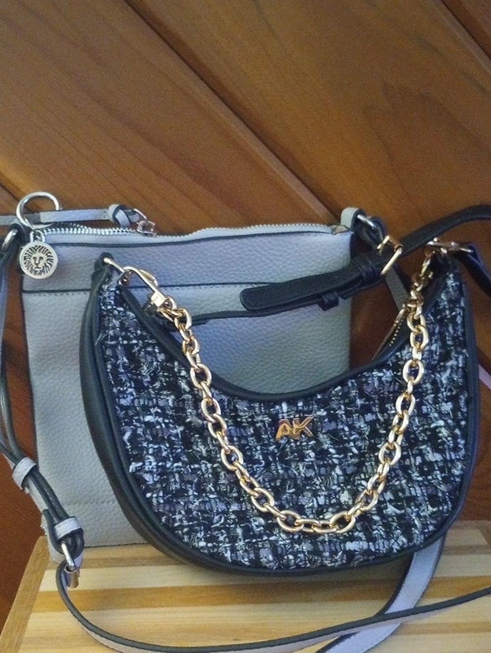 Anne Klein X 2 Black & Gray Tweed Hobo Bag And Adjustable Crossbody.